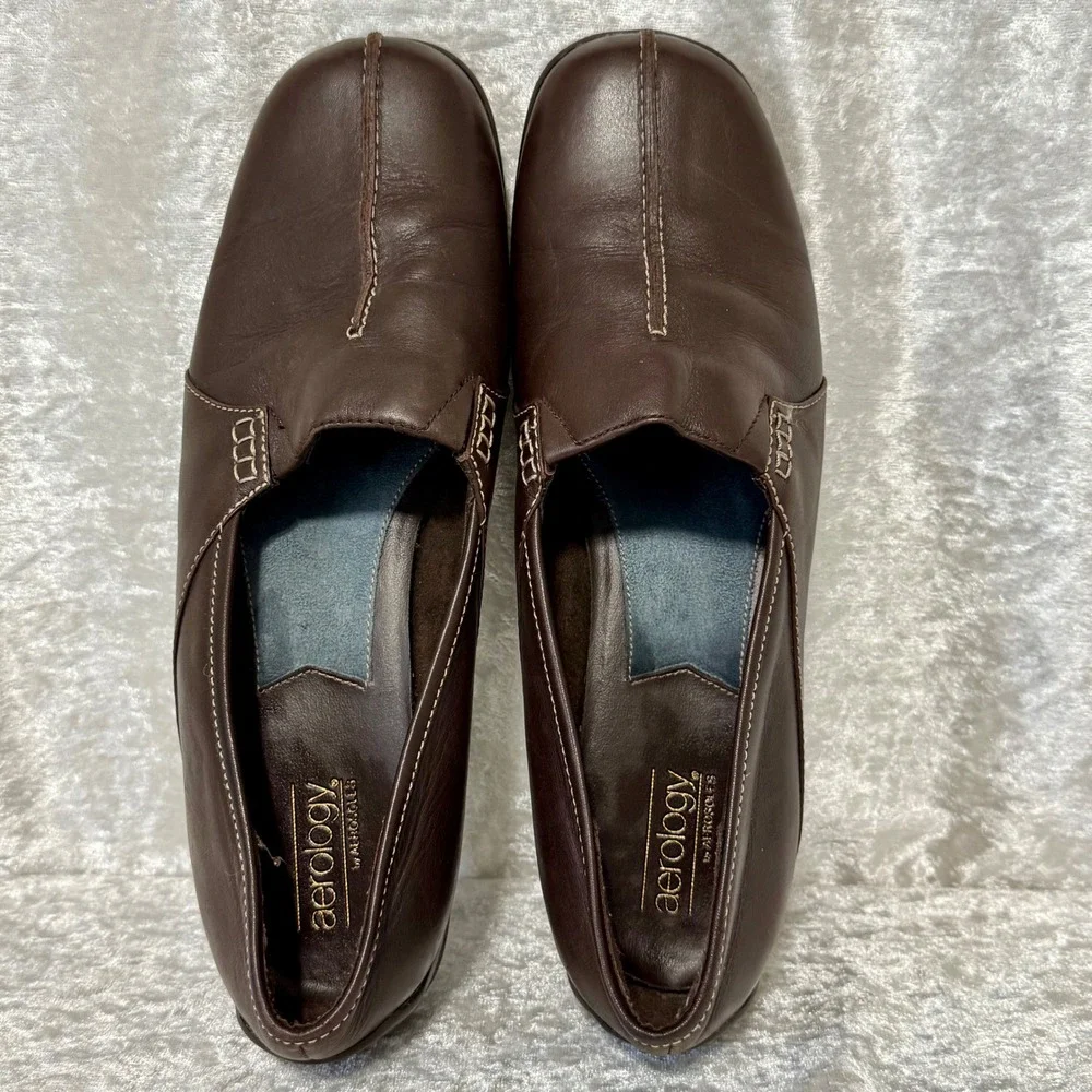 Aerology by Aerosoles Womens Dark Brown Leather Mule-Slip‎ On Loafer Shoes Sz-10